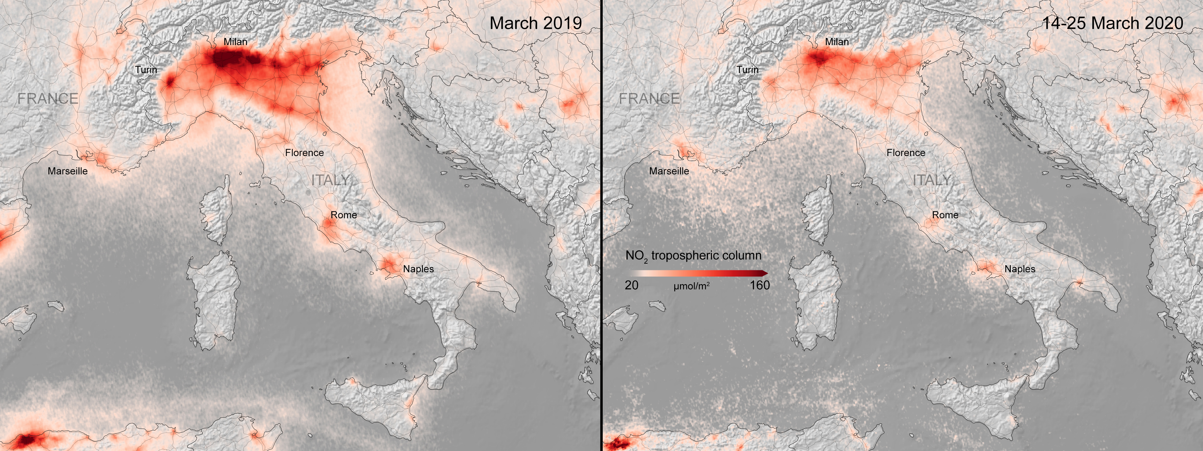 Biossido di azoto, l'effetto lockdown. Fonte: Agenzia spaziale europea