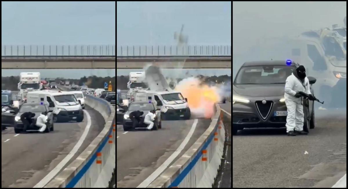 Statale 613, Brindisi-Lecce, 9 febbraio 2026. Alcuni fotogrammi dal video della rapina al furgone portavalori 