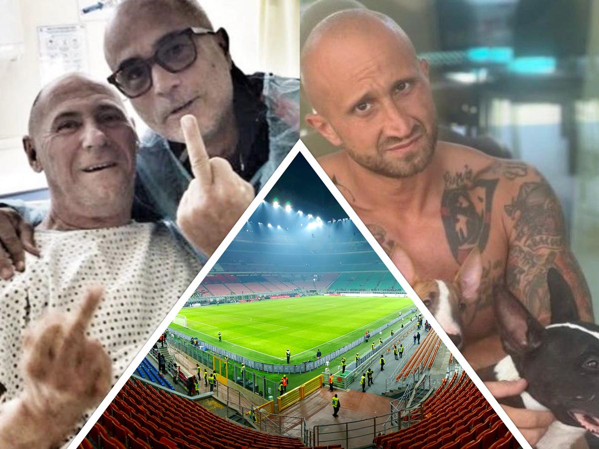 A sinistra, Franco Boiocchi con Franco Caravita. In centro, lo stadio Giuseppe Meazza a San Siro. A destra, Luca Lucci (Facebook, Wikipedia, Instagram)