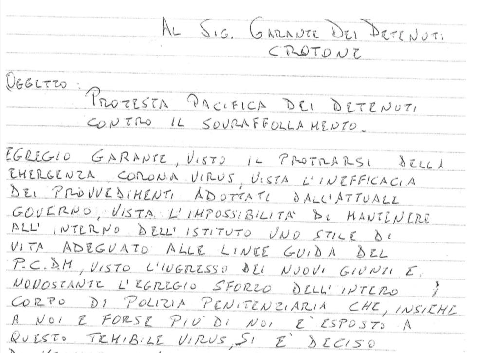 La lettera dei detenuti del carcere di Crotone