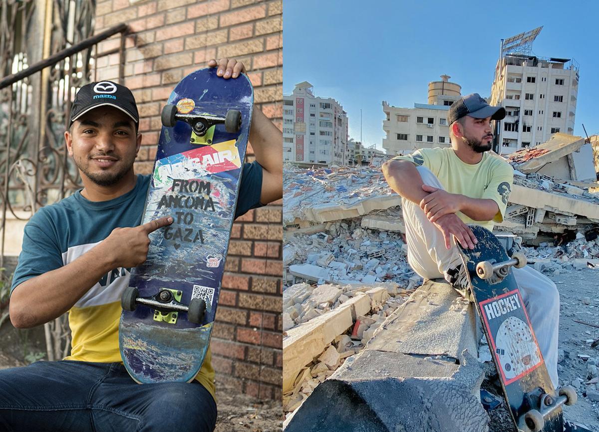 Rajab Al Reefi e il suo skate. A sinistra nel 2022 (foto di Alessandro Levati), a destra oggi, tra le macerie di Gaza
