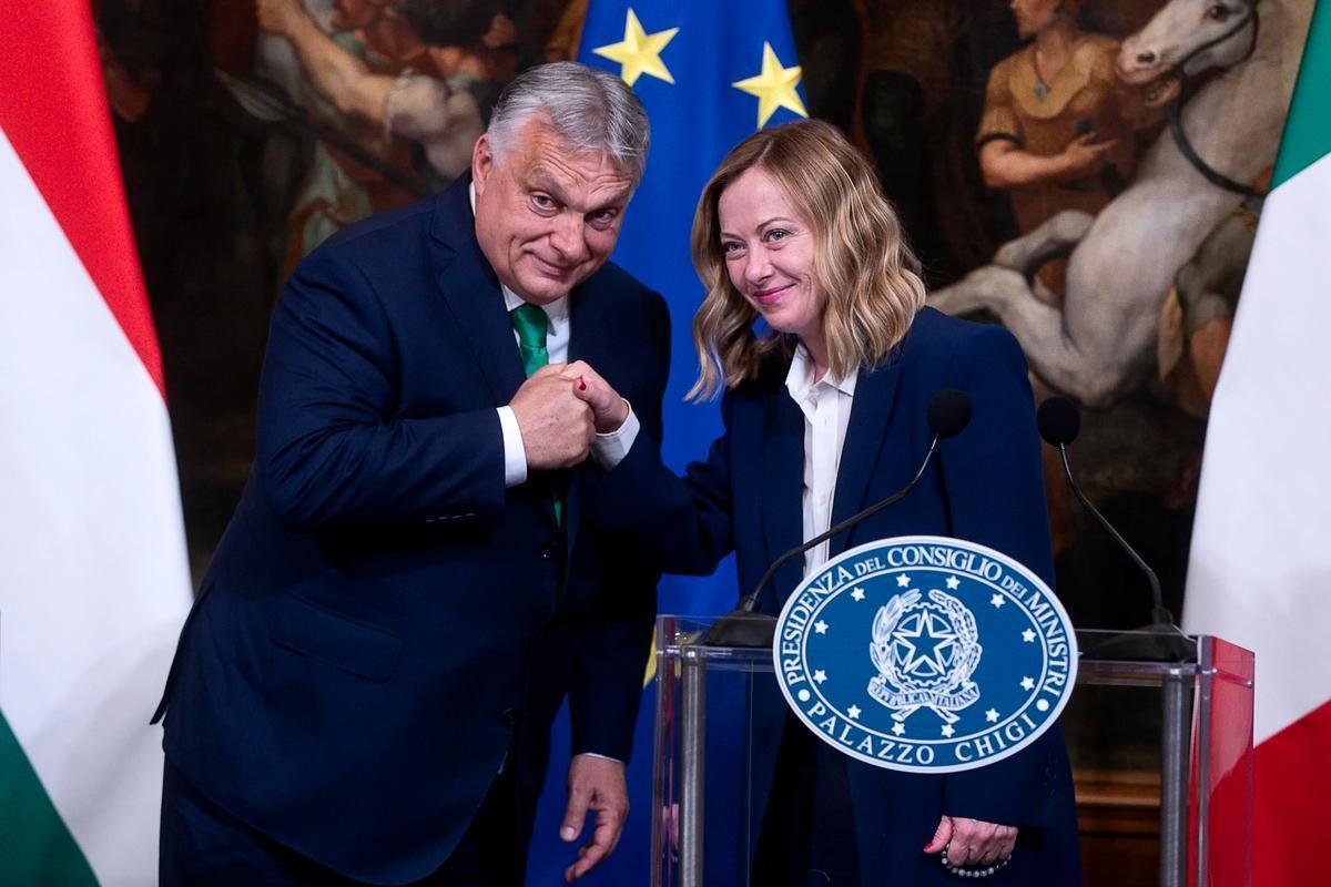 Roma, 24 giugno 2024. Il presidente del Consiglio Giorgia Meloni e il primo ministro ungherese Viktor Orban, dopo un incontro tenutosi a Palazzo Chigi. Foto di A. Carconi/Ansa