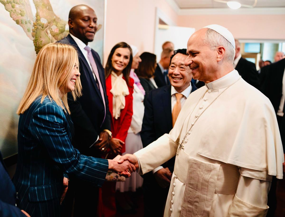 Roma, 16 ottobre 2025. Giorgia Meloni e Papa Leone XIV in occasione della cerimonia della Giornata dell'alimentazione-80esimo anniversario della Fao. Foto Consiglio della Presidenza del Consiglio dei ministri