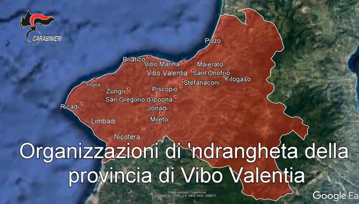 La mappa delle organizzazioni di 'ndrangheta individuate dai carabinieri nella provincia di Vibo Valentia nell'inchiesta Rinascita-Scott (Fotogramma dal video dei carabinieri)