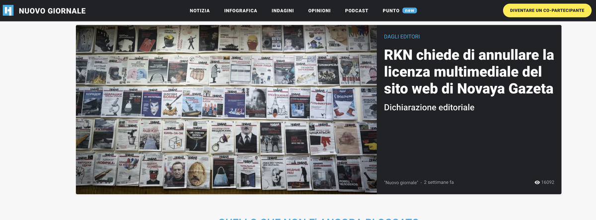 La home page del sito della Novaya Gazeta, con la dichiarazione editoriale sulla richiesta di revoca delle licenza web
