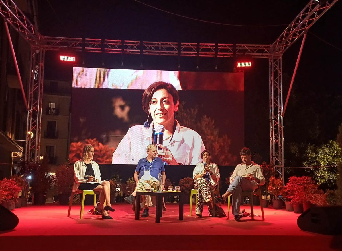 Lamezia Terme, 17 giugno 2026. Da sinistra, Judith Eisinger, Michael Braun, Anna Sergi e Ruggero Scaturro durante un incontro a Trame, il festival sui libri di mafia