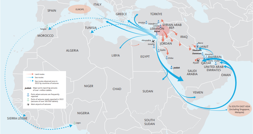 Le rotte del Captagon (Unodc World Drug Report 2023)