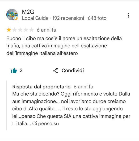 La risposta piccata del proprietario dell'attività a Mels (Svizzera) a un cliente che sottolineava la pessima scelta del nome