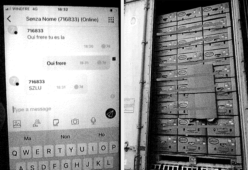 A sinistra, una foto di un dispositivo No1BC che riporta metà dell'identificativo del container, a destra, in cui è stato recuperato un carico di cocaina
