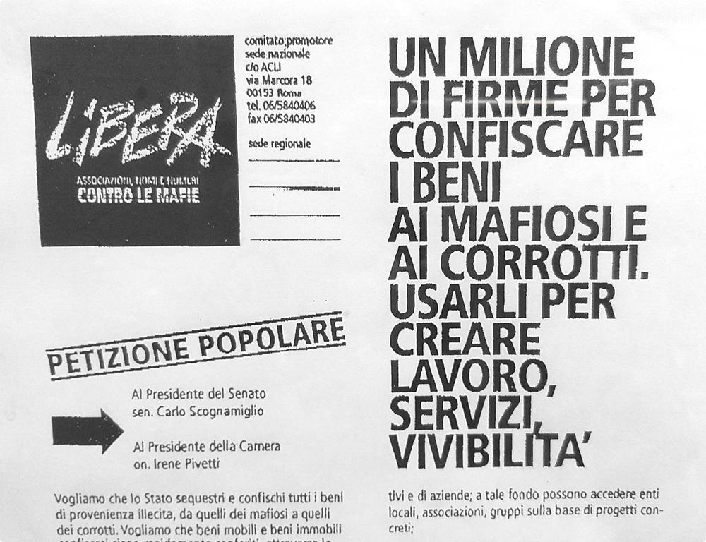 Il frontespizio della petizione lanciata da Libera nel 1995 per i riuso sociale dei beni confiscati
