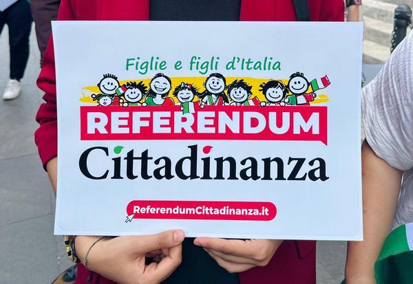Il cartello di un manifestante con il logo della campagna referendaria
