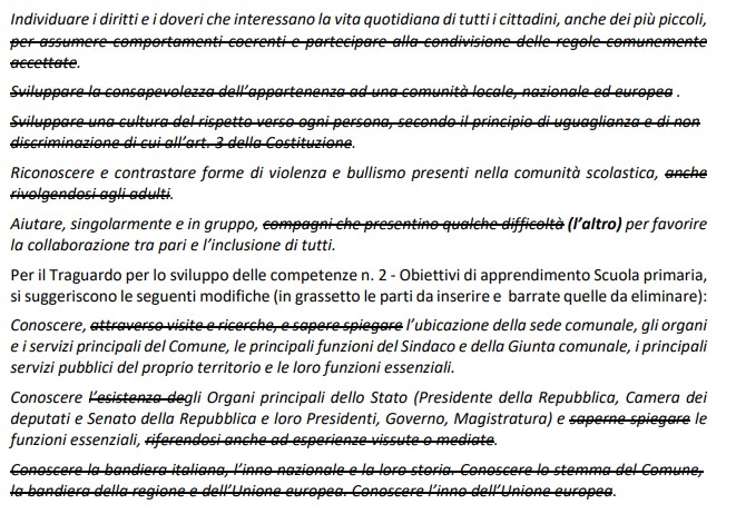 Alcune delle correzioni suggerite dal Consiglio superiore della pubblica istruzione, dal documento inviato al Ministero dell'Interno.