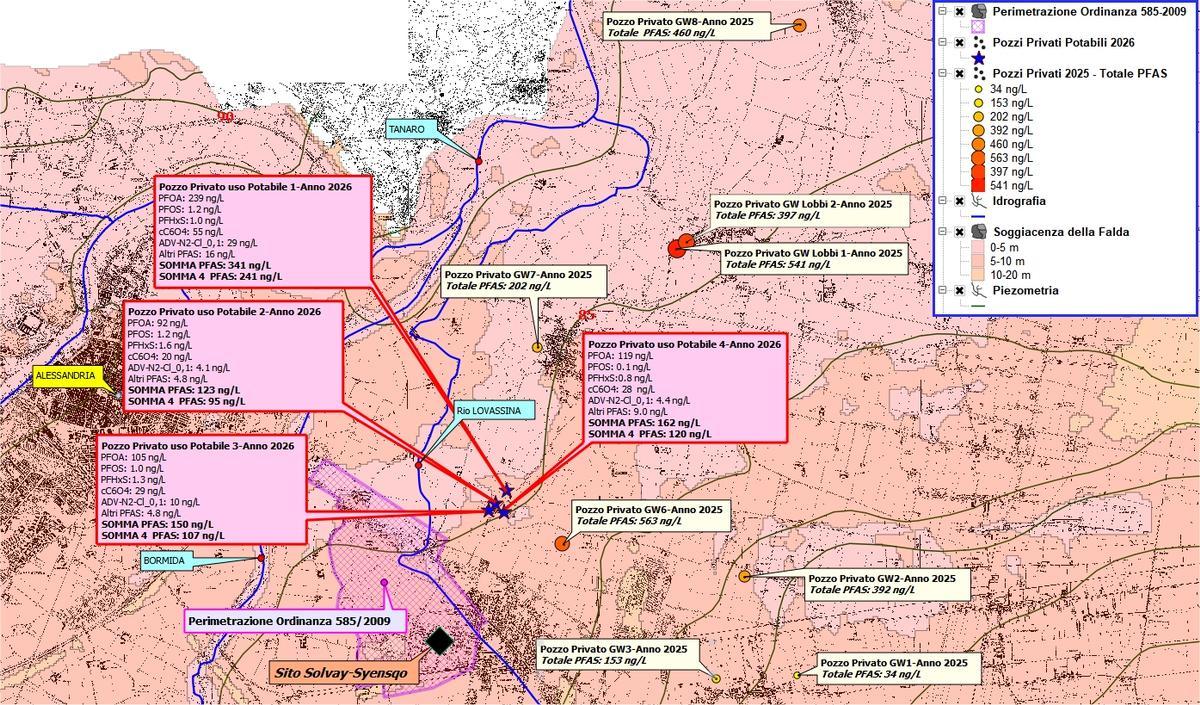 La mappa dei pozzi privati campionati da lavialibera ad Alessandria (per visualizzare cliccare sul tasto destro del mouse e aprire un'altra scheda)
