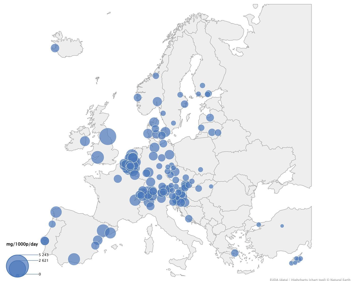 La mappa della diffusione dei metaboliti della cocaina nelle acque reflue, dal rapporto "Wastewater analysis and drugs — a European multi-city study" dell'Agenzia europea sulle droghe (Euda)
