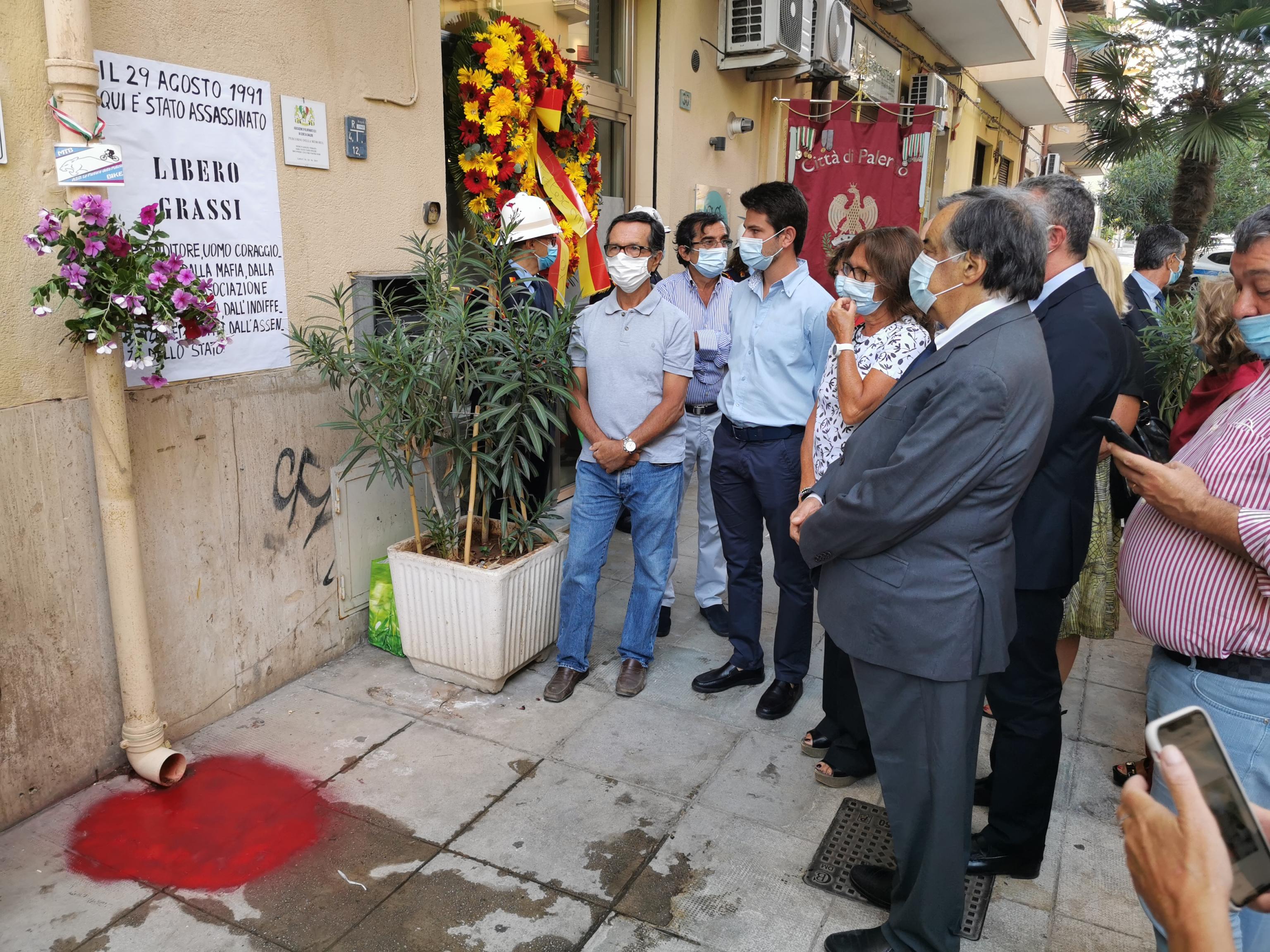 Palermo, 29 agosto 2020. Un momento della cerimonia di commemorazione di Libero Grassi, l'imprenditore ucciso 29 anni fa dalla mafia dopo essersi rifiutato di pagare il pizzo a Cosa Nostra (foto Ansa/Ignazio Marchese)
