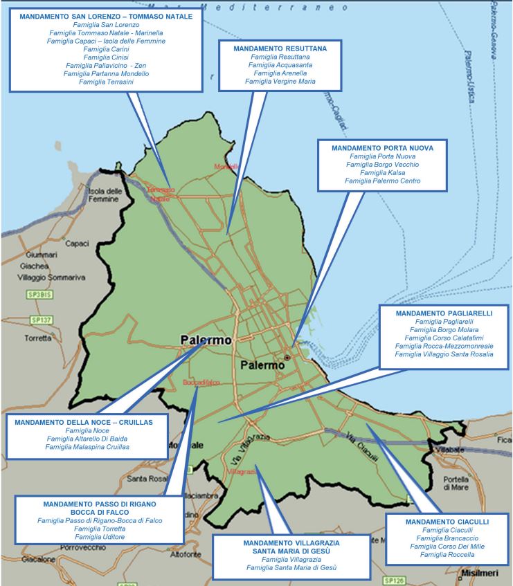A Palermo Cosa nostra è suddivisa in 15 mandamenti (8 in città e 7 in provincia) e 82 famiglie, di 33 in città e 49 in provincia. Immagine dalla relazione della Direzione investigativa antimafia