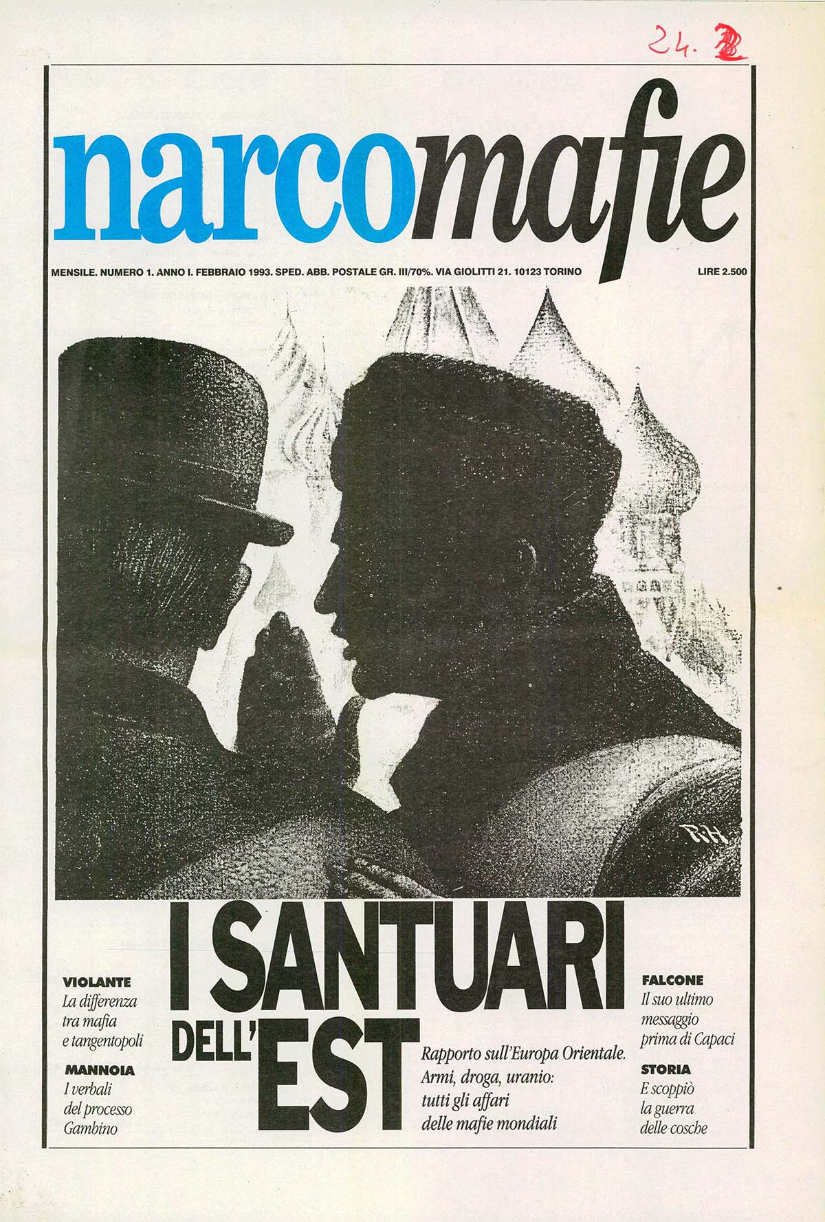 La prima pagina edl primo numero di Narcomafie dedicato all'espansione di Cosa nostra nell'Est Europa dopo il crollo del muro di Berlino e di alcuni regimi comunisti