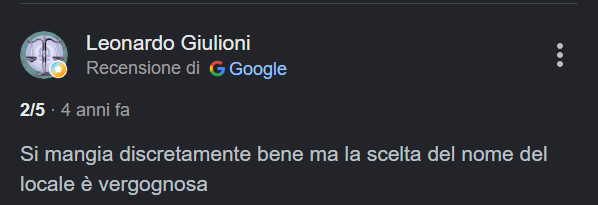 Il giudizio di un cliente della pizzeria "Cosa nostra" a Ocrida (Macedonia del Nord)