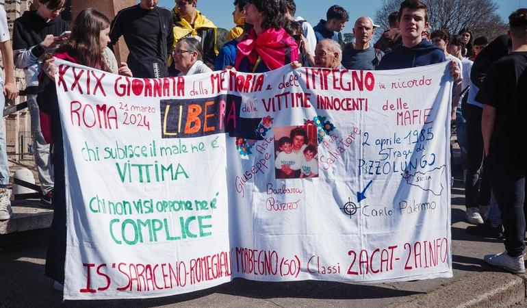 Roma, 21 marzo 2024. Un lenzuolo ricorda le vittime di mafia