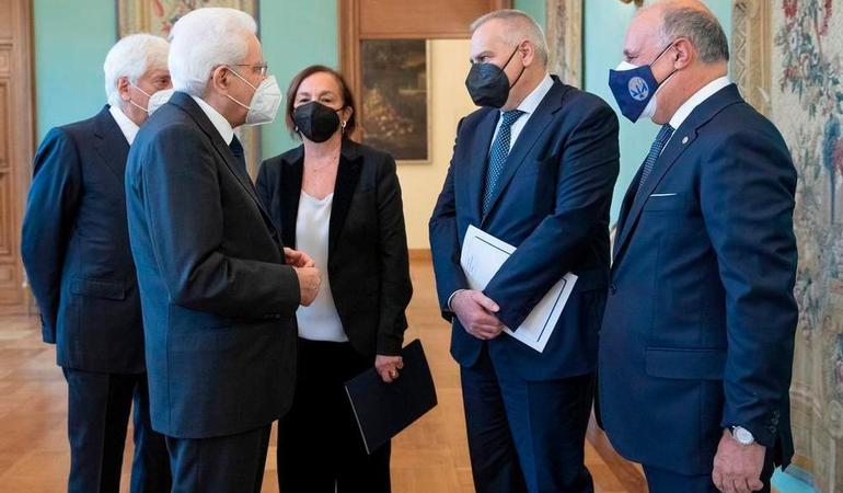 Il presidente della Repubblica Sergio Mattarella con Luciana Lamorgese, ministro dell'interno, Lamberto Giannini, capo della Polizia e con Maurizio Vallone, direttore della Dia