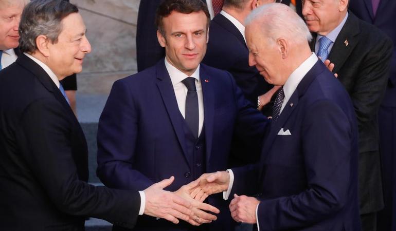 Bruxelles, 24 marzo 2022. Draghi, Macron e Biden al vertice Nato per pianificare le strategie contro la Russia (Stephanie Lecocq/Ansa)