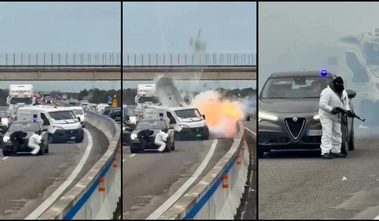 Statale 613, Brindisi-Lecce, 9 febbraio 2026. Alcuni fotogrammi dal video della rapina al furgone portavalori