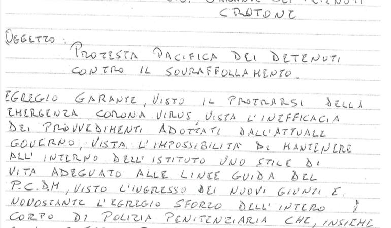La lettera dei detenuti del carcere di Crotone