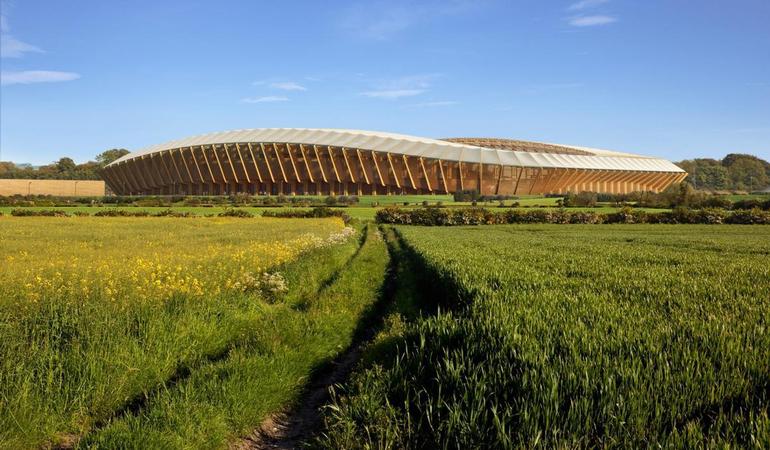 Il progetto del nuovo stadio dei Forest green rovers. Rendering di MIR, Zaha Hadid Architects