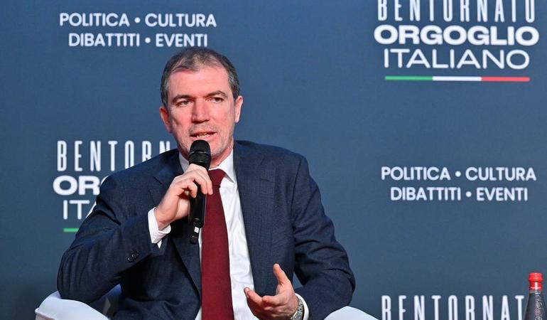 Roma, 15 dicembre 2023. Francesco Saverio Marini, ordinario di diritto e consigliere giuridico di Giorgia Meloni, durante il dibattito sul premierato ad Atreju, manifestazione di Fratelli d'Italia. Foto di A. Di Meo/Ansa