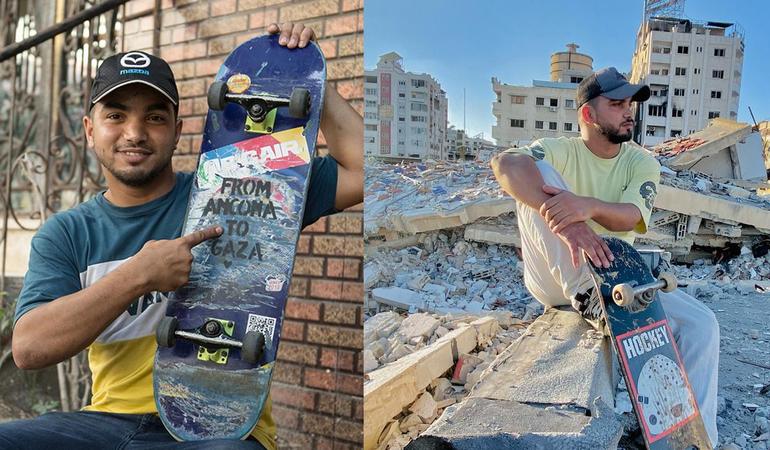 Rajab Al Reefi e il suo skate. A sinistra nel 2022 (foto di Alessandro Levati), a destra oggi, tra le macerie di Gaza