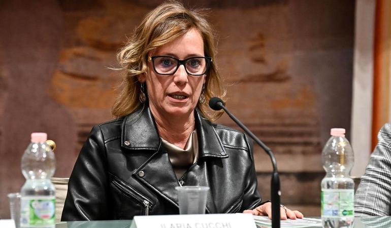 Ilaria Cucchi, durante il convegno dal titolo Il mondo fuori nella sala Zuccari di Palazzo Giustiniani, Roma, 23 novembre 2023. Foto di Riccardo Antimiani/Ansa 