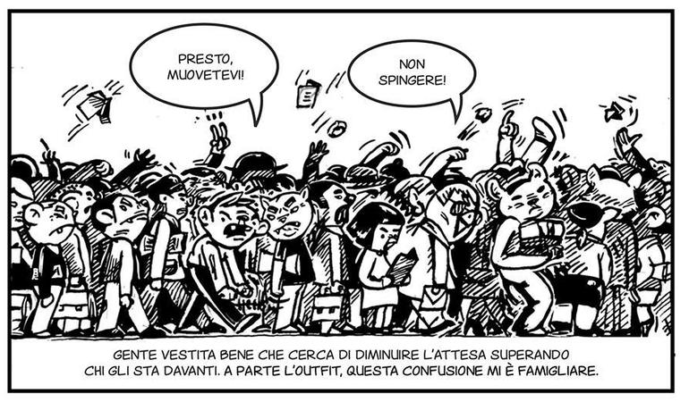 Dal fumetto L'invasione degli extraterroni, la scena delle code davanti agli sportelli per migranti