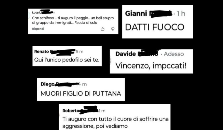 Alcuni dei post offensivi ricevuti via social dal giornalista Vincenzo Corrado