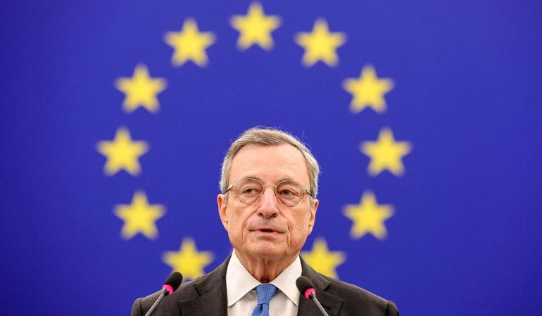 Strasburgo, 17 settembre 2024. L'ex primo ministro italiano Mario presenta il report sul futuro della competitività europea. Epa/Teresa Suarez 