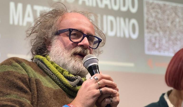 Torino, 23 gennaio 2026. Matteo Saudino, insegnante di filosofia e storia a Torino e divulgatore, durante un incontro del comitato "Giusto dire no" e della Cgil Piemonte sul referendum costituzionale (Foto D. Pecorelli)