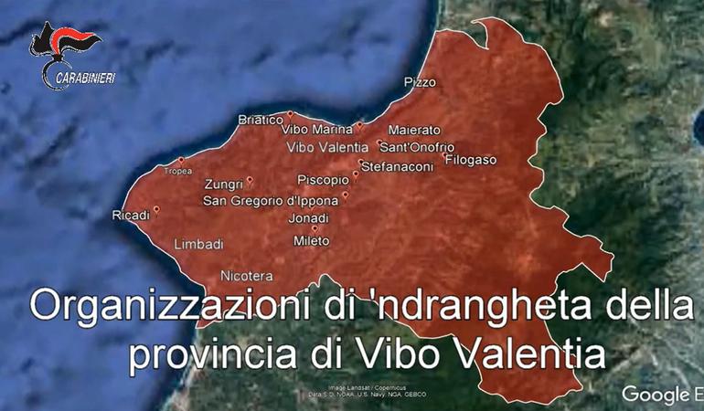 La mappa delle organizzazioni di 'ndrangheta individuate dai carabinieri nella provincia di Vibo Valentia nell'inchiesta Rinascita-Scott (Fotogramma dal video dei carabinieri)
