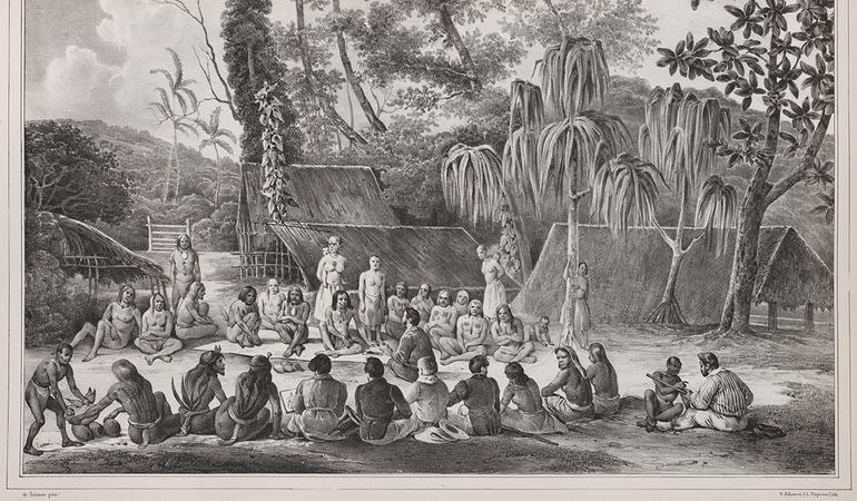 Un'incisione che raffigura i capi delle tribù di Tikopia che incontrano gli ufficiali dell'Astrolabe, nave di esploratori. Tratta da "Voyage de la corvette l'Astrolabe exécuté par ordre du roi, pendant les années 1826-1827-1828-1829", New York Public Library (Wikipedia Commons)