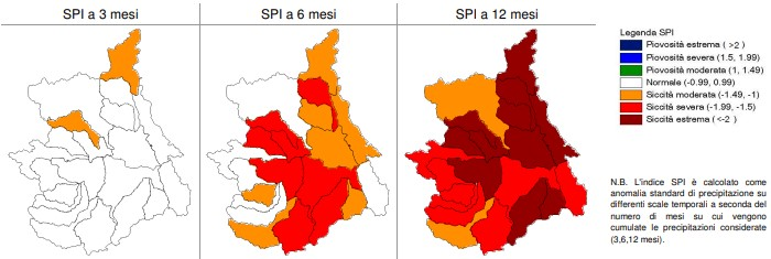 L'indice Spi sulla siccità a tre, sei e nove mesi. Fonte: Arpa Piemonte