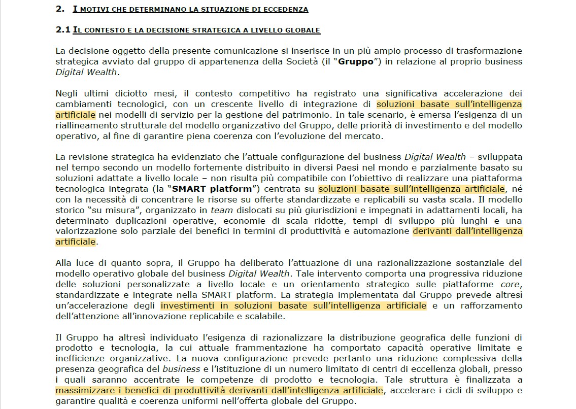 Estratto della lettera inviata da InvestCloud ai sindacati e agli enti locali