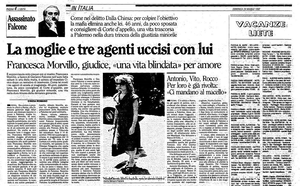 Un articolo de L'Unità dedicato a Francesca Morvillo pubblicato il giorno dopo la strage di Capaci