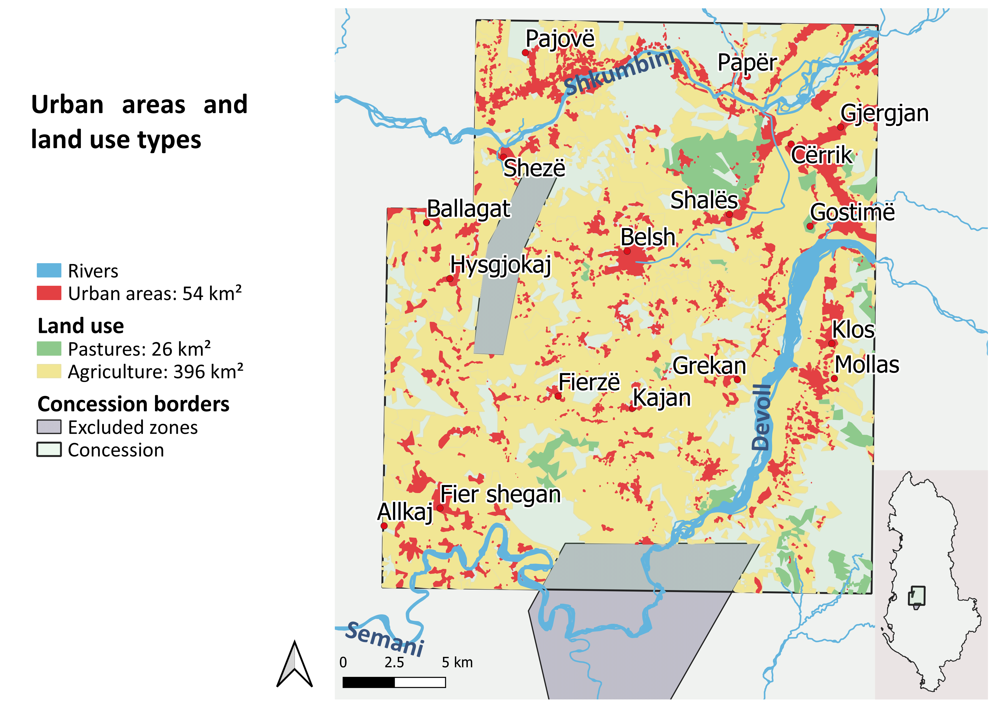 The mapping of agricultural and urban areas within the concession. Credits: Tvetelina Tomova