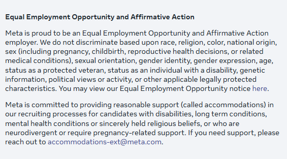 La policy di Equal employment sul sito Meta